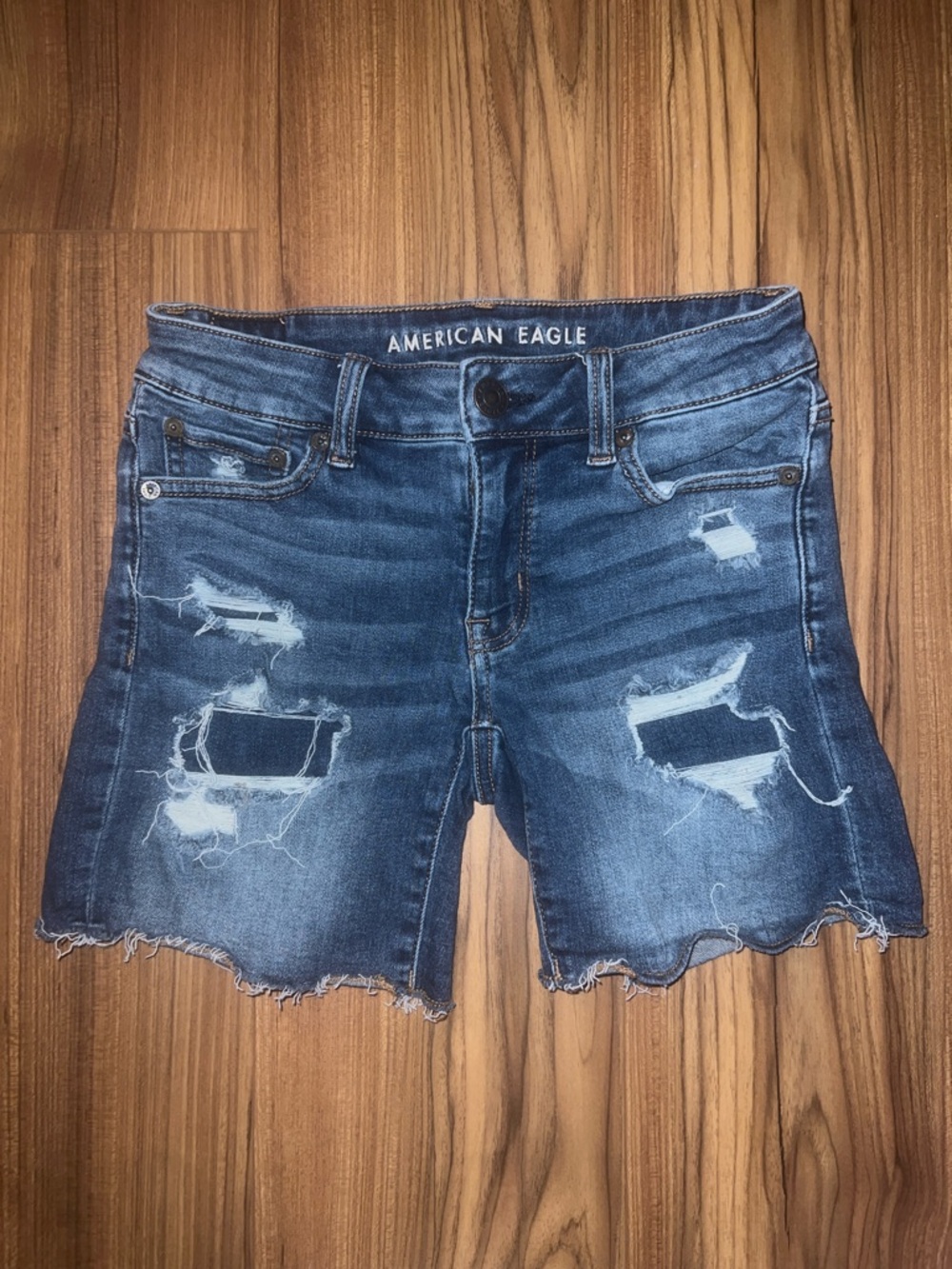 American Eagle Outfitters Dark Blue Distressed Denim Shorts